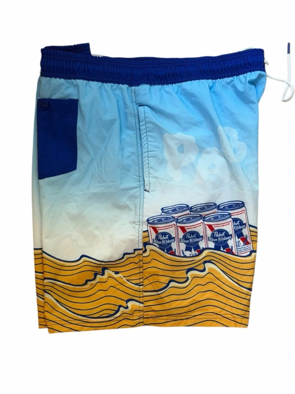 NWT 2XL Pabst Blue Ribbon Beer Light Blue & Yellow Graphic Swim Trunk